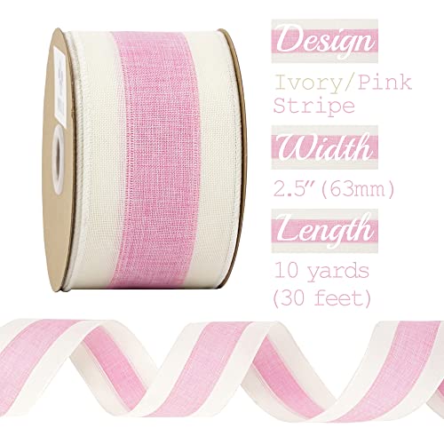 MEEDEE Pink White Stripe Wired Burlap Ribbon with Ivory Stripes Edge - 2.5 Inch, Light Pink (10 Yards) for Wreaths, Garland, Lantern, Mailbox Topper Bow by MEEDEE - Used condition - Image 2