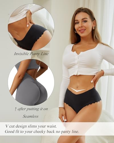 Image of Sth Big High Waisted Seamless Underwear for Women No Show Panties Cheeky Scalloped Edge Bikini Breathable Briefs 6 Pack