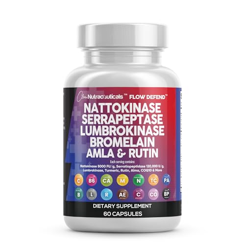 Clean Nutraceuticals Nattokinase 5000 FU Serrapeptase 120000 SPU Lumbrokinase Enzyme Supplement with Bromelain Papain Papaya Enzymes Rutin Extract Amla Magnesium Vitamin B6 & VIT C Capsules