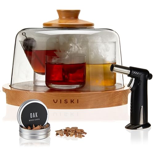 Viski Alchemi Cocktail Smoker Kit, Handy Smoking Dome with Topper and Wooden Tray, Handheld Butane Torch, Mesh Strainer Oak Wood Chips for Whiskey, Old Fashioned, Bourbon, Gifts for Men, 5 Piece Set