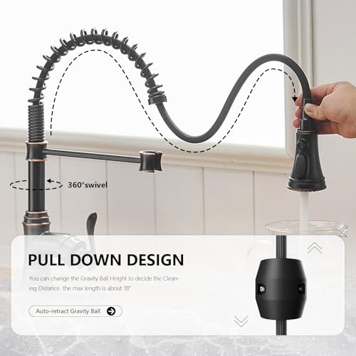 BWE Kitchen Sink Faucet with Deck Plate Single Handle Lever with Pull Down Sprayer Spring 3 Function Kitchen Faucet High Arc Farmhouse Commercial Bar Kitchen Faucets Oil Rubbed Bronze
