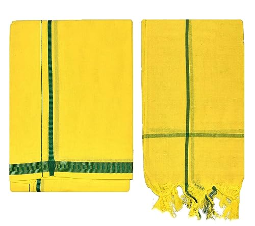 Kolakeer™ Men's Cotton Color Dhoti Set - 1.9 Mtrs Dhoti with 1.2 Mtrs Angavastram - Pentex Mundu Angavastram Set (Yellow)