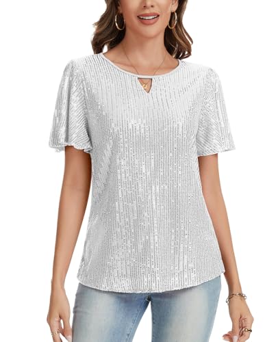 Haut à paillettes pour femme à manches courtes et col rond élégant