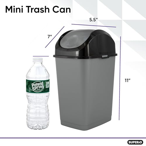 Image of Superio Mini Plastic Trash Can with Swing Top Lid 1.25 Gallon Compact Small Waste Bin Portable Garbage Can for Countertop, Desktop, Make up Vanity, Bathroom, Car, Under Sink, Dorm 5 Qt. (Grey /Black