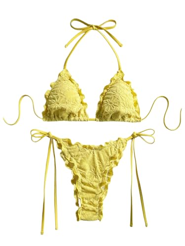 MakeMeChic Women's Polka Dots Bikini Sets Halter Tie Backless Frill Trim String Swimsuits