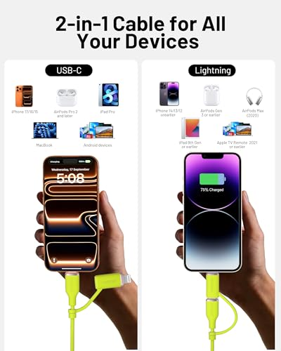 Image of 2-in-1 Soft Silicone USB C to USB C Cable with Lightning Connector (6FT, Lime Green), MFi Certified Type C Fast Charging Cord for iPhone 17 16 15 14 13,Galaxy S26 S25 S24,iPad,MacBook,AirPods