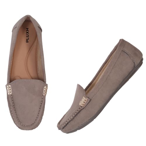 Image of Pluxh Women Classic Ballet Flats | Suede-Textured Slip-On Design with Metal Accent | Cushioned Footbed and Flexible Sole | Office, Casual & Travel Wear