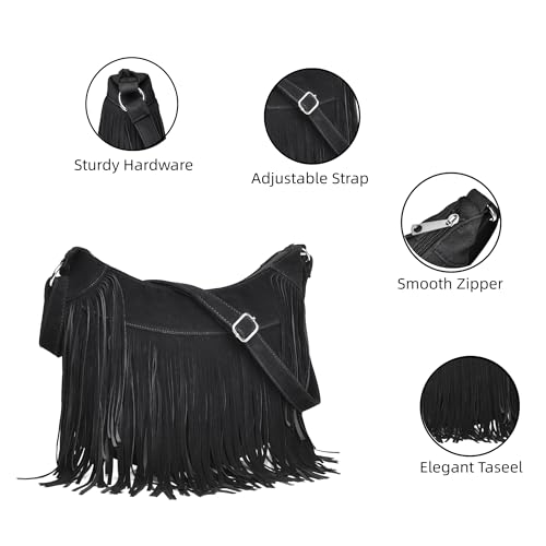 Image of Fringe Hobo Bags for Women Vintage Suede Crossbody Bag Hippie Western Cowgirl Purses Tassel Shoulder Bag