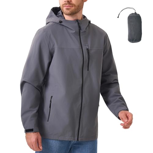 Image of PYALT Jacket Men's Waterproof Breathable Softshell Jacket Lightweight Rain Jacket Packable Windbreaker Bicycle Raincoat with Hood Grey S