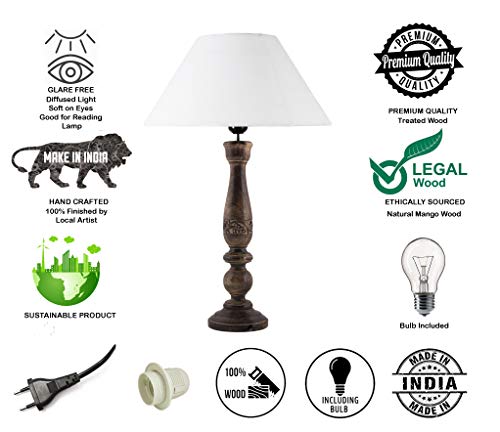 Image of Homesake Handcrafted Wooden Table Lamp for Bedroom & Living Room | Decorative Bedside Reading Lamp with Fabric Shade, E27 Holder | Bulb Included | Black Floral Carved Base for Home Decor, White Cone