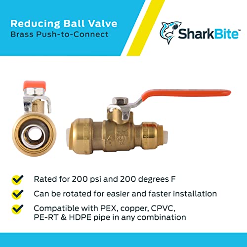 Sharkbite 3/4 x 1/2 in PTC Reducing Ball Valve, Push-to-Connect Brass Water Shut-Off Plumbing Fitting, 22973LF by SharkBite - Image 4