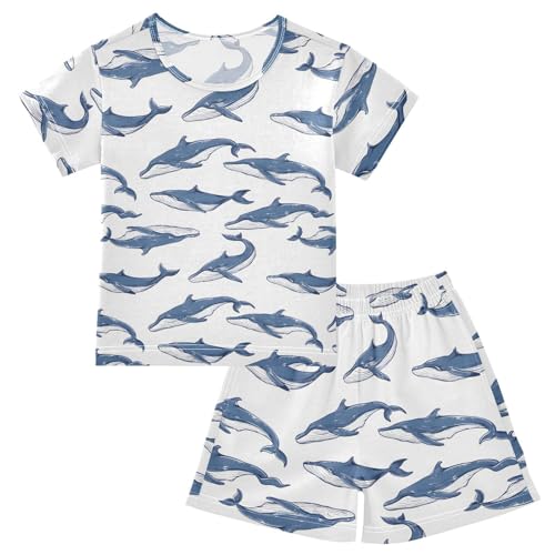 ALAZA Blue Whale White Pajamas Short Sleeve 2 Piece Sleepwear Top and Bottom Pajama Set Unisex