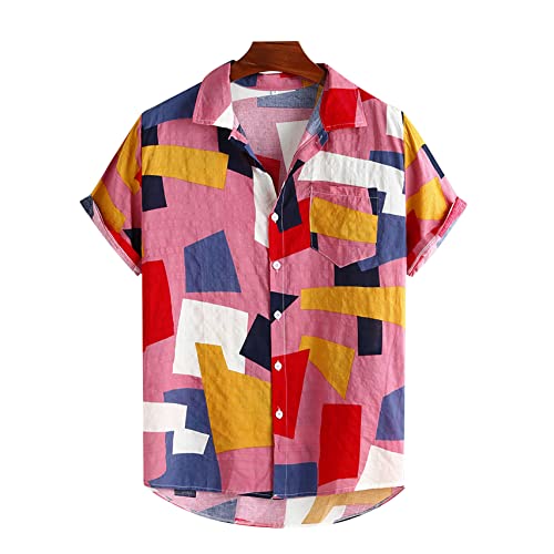 QSDETG Mens Shirts Button Up Shirts for Men Funky Casual Short Sleeve Shirt Retro Party Shirt Hawaiian Shirt L Pinks