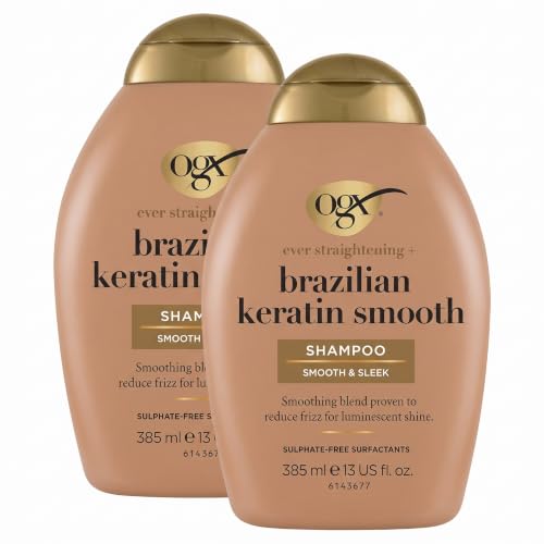OGX Ever Straightening + Brazilian Keratin Smooth Shampoo (385 ml), champú alisador con proteínas de keratina, tensioactivos sin sulfatos, para cabello grueso y rizado (Paquete de 2)