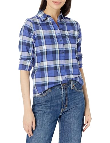 Image of Amazon Essentials Women's Regular-Fit Long-Sleeve Lightweight Plaid Flannel Shirt with Brushed Finish, Shirttail Hem