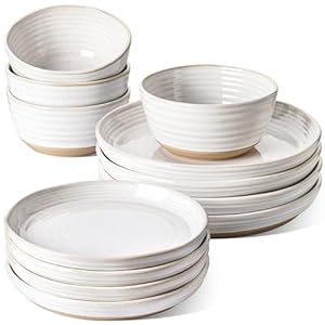 LE TAUCI Dinnerware Sets 12 PCS, Ceramic Plates and Bowls Set (10″ Dinner Plate + 8″ Salad Dish + 28 oz Cereal Bowl) x 4, Oven safe, Housewarming Gift – Arctic White
