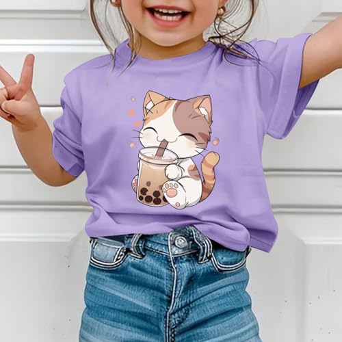 Image of KEEVICI Cute Cat Shirts for Girls Graphic Tees Bubble Tea Tshirt Kids Kawaii Cartoon Animal Print T Shirt Summer Cotton Tops