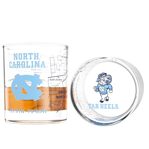 Image of Greenline Goods University of North Carolina Tar Heels Whiskey Glasses Set of 2, 10 oz Rocks Glasses with Full-Color Logo & Campus Map - Officially Licensed Bourbon Glass Gift for Alumni & Fans