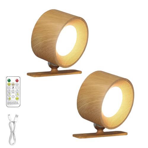 SOUDFK Rechargeable Wall Sconce with Remote & Touch 360 Rotatable Battery Operated Wall Lights 3-Color Dimmable No Drill Adhesive Ultra Long Battery for Bedroom ReadingWooden-2PC