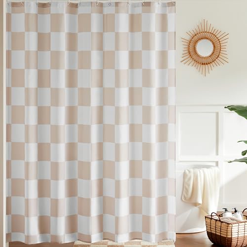 Ohocut karierter Duschvorhang für Badezimmer, hübsches, neutral wirkende Retro-Schachbrettmuster, Duschgardine in Vintage-Ästhetik, maschinenwaschbar, Stoffduschvorhang, Beige, 183 x 183 cm