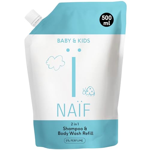 Naïf Champú y Gel de Ducha 2 en 1 para Bebés y Niños 0% Perfume – Formato Recarga 500 ml – sin SLES ni microplásticos, ingredientes naturales, dermatológicamente probado
