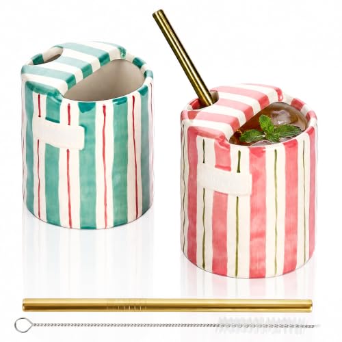 Image of keramwerk 2 Pack Ceramic Coffee Mug with Sip Hole Espresso Shot Cup 300ml with Straws Retro Hand Painted Striped Porcelain Coffee Tea Cup Cappuccino Latte Mug for Kitchen Dining Travel (Green,Pink)