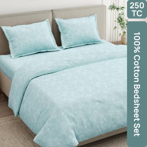 Image of Haus & Kinder Double Bed Bedsheet for Queen Size Bed with 2 Pillow Covers 90 Inch x 100 Inch | Premium Soft & Silky Pure Cotton 300 TC Flat Double Bedsheet | Ashen Blossom Mint