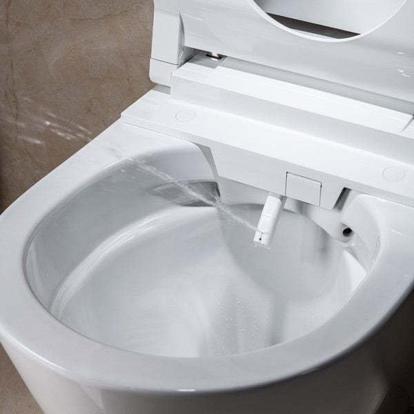 Compact Elongated DualFlush WallMounted Toilet with Bidet Wash Heated Seat Dryer Concealed Tank System and Slim Flush Plates Made of White Marble Stone