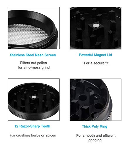 Loomiloo Grinder 4-delig van aluminium I Ø 50 mm I Voor het malen van kruiden en tabak I Cruncher met pollenvak en… - Image 4