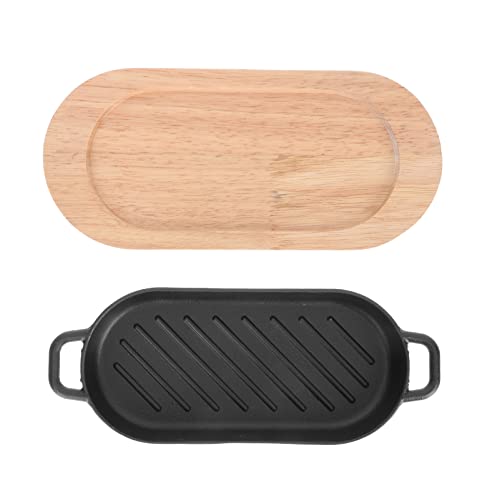 TOPBATHY Fajita Plate Cast Iron Fajita Pan Sizzling Japanese Steak Plate Grill Fish Plate with Wooden Tray for Home Restaurant