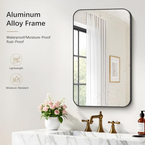 Image of DESBING 18 inchx30 inch Bathroom Mirror for Over Sink, Black Framed Wall Mirror | High-Definition Shatterproof Vanity Mirror with Rounded Corner for Bedroom Living Room Entryway Horizontally or Vertically
