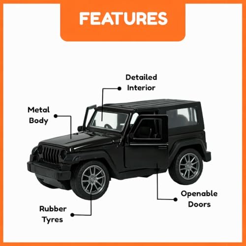 Image of Thar Diecast Matel Toy Car For Kids 1:32 Scale with Pull Back Action | Openable Doors Mini Jeep SUV Model Vehicle with Lights & Sound | Collectible Toy Car Gift for Kids Boys Girls 3+ Die Cast (Black)