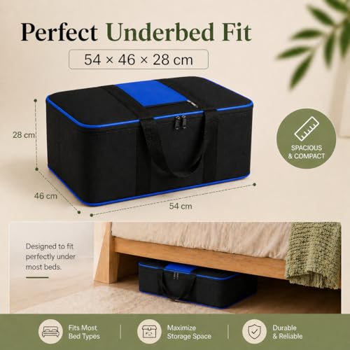 Image of DALUCI Underbed Storage Bags for Clothes Pack of 4 Large Moisture Proof Organizer with Zipper Non Woven Foldable Storage Bag for Blanket Saree Wardrobe 54 x 46 x 28 cm (Black & Blue - Large, 4 Pack)