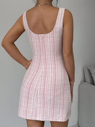 Image of Womens Summer Short Elegant Dresses Bodycon Formal Plaid Pencil Scoop Neck Dresses for Women 2025