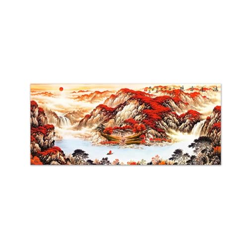 Tableau sur toile paysage chinois avec montagne et arbre rouge pour salon