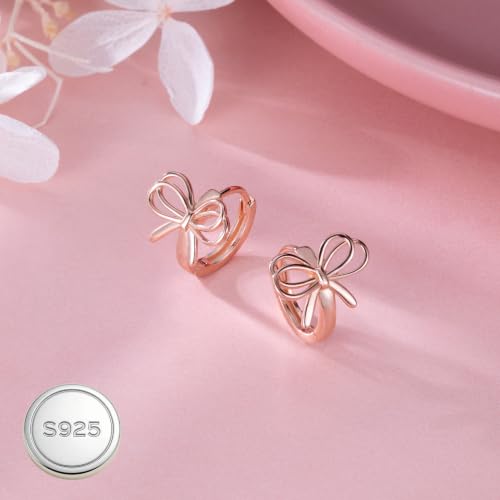 Image of Reffeer Solid 925 Sterling Silver Bow Hoop Earrings Ribbon for Women Girls Bowknot Hoop Earrings Huggie