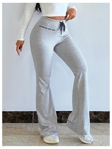 COZYEASE Women's Letter Graphic Bell Pants Flare Bottom Drawstring Waist Skinny Long Trousers2