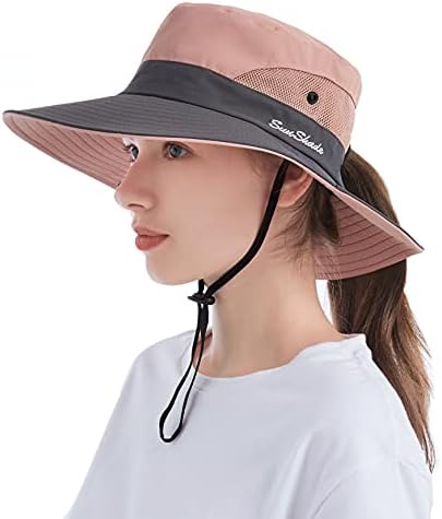 Tutuko Womens Wide Brim Sun Hats Foldable UV Protection Beach Bucket Hats Ponytail Mesh Fishing Hat (Pink)
