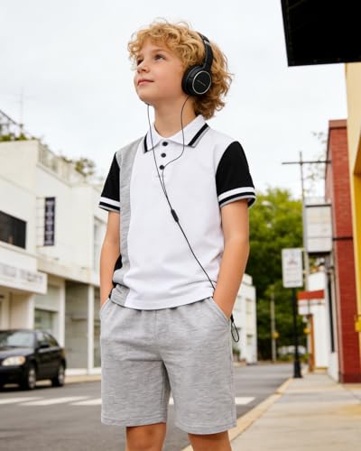 Image of Boys 2 Piece Outfits Short Sleeve Basketball Pattern T-Shirt and Shorts Summer Clothes for Kids 5-12 Years