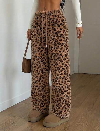 Image of ZAFUL Women's Fuzzy Plush Pajama Pants Wide Leg Pj Bottoms Lounge Pants | Soft Fluffy Sleep Pants Drawstring Elastic Waist Teddy Pjs for Women No Pockets