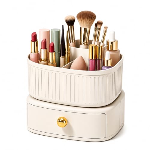 Image of KiZY Luxury 360 Rotating Makeup Brush Holder Organizer | Countertop Organizer Skincare Storage for Vanity, Desktop, Bathroom, Cosmetics | Lipstic, Eyeliners, Perfume Storage. (360 CREAM)