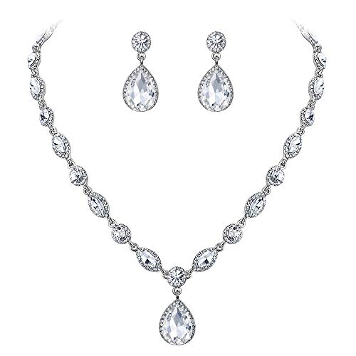 EleQueen Women's Wedding Bridal Jewelry Set for Brides Bridesmaids, Crystal Teardrop Necklace Dangle Earrings Jewellery for Party Prom Clear