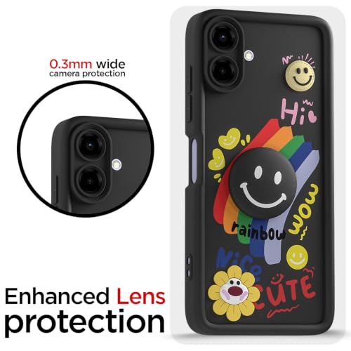 Image of Pikkme Back Cover for Samsung Galaxy F70e 5G | M07 | F07 | A07 | A07 5G | Soft Silicone| Cute Rainbow Smile & 3D Cartoon Flower Design | Shockproof Raised Camera Protection Bumper Case (Black)