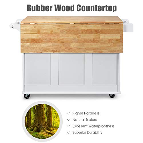 Giantex Kitchen Island Cart With Drop-Leaf Tabletop, Large Trolley Cart With Large Cabinet, 3 Drawers, Spice Rack, Towel Rack, Kitchen And Dining Room Utensils Organizer On Wheels (White) #TOP6