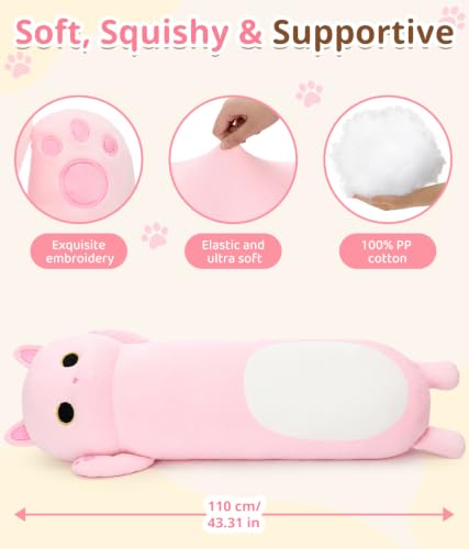 Image of MaoGoLan Long Cat Body Pillow for Kids, 44'' Big Kitten Plush, Pink
