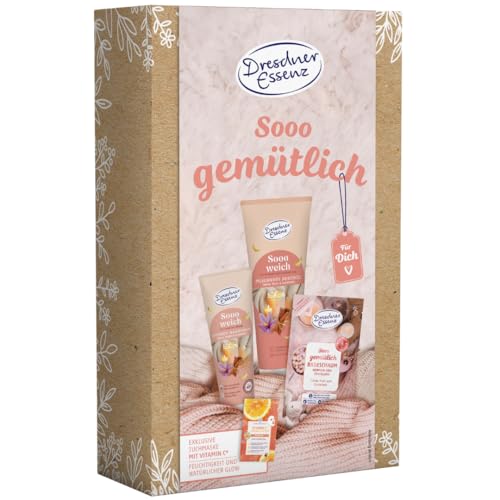 Dresdner Essenz Geschenkset Sooo gemütlich Duschgel Badeschaum Handcreme & Tuchmaske pflegend & vegan Wellnessset für Frauen & Männer nachhaltige Verpackung 4-teilig