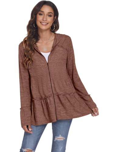 Image of DEESHA Plus Size Zip Up Hoodie for Curvy Women Spring Ruffle Hooded Sweatshirts Jacket Cardigans Lightweight