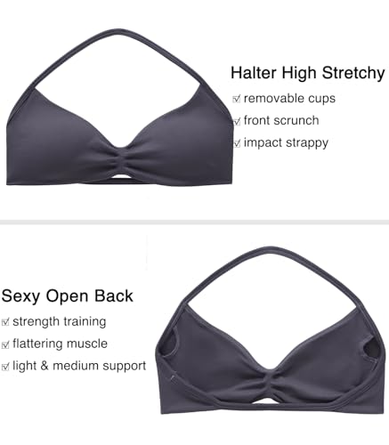 Image of OMKAGI Halter Sports Bras for Women Padded Strappy Bra Open Back Workout Gym Crop