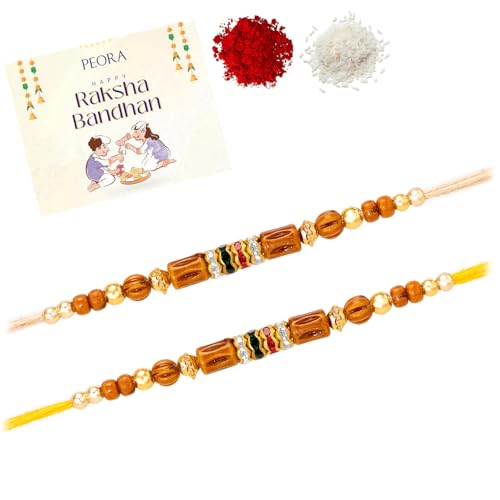 Image of Peora Rakhshabandhan Thread Rakhi for Brother Bhaiya | Kundan Beads & Crystal Studded | Combo Set of 2 | Rakhi Hamper Roli Chawal & Greeting Card