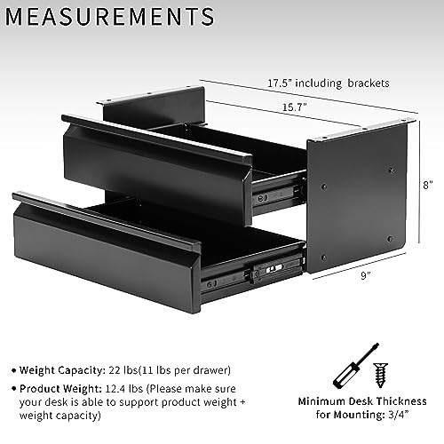 Image of VIVO 16 inch Slide Out Dual Tier Desk Drawer, Under Desk 2 Layer Storage, Black, DESK-DR02